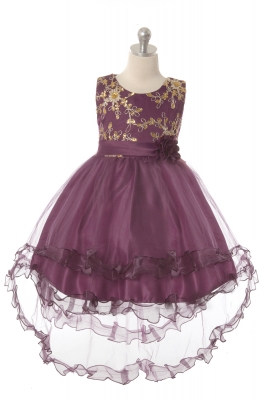 Girls Dress Style 1048 - Elegant Sleeveless Hi Low Dress with Gold Floral Applique in Choice of Colo